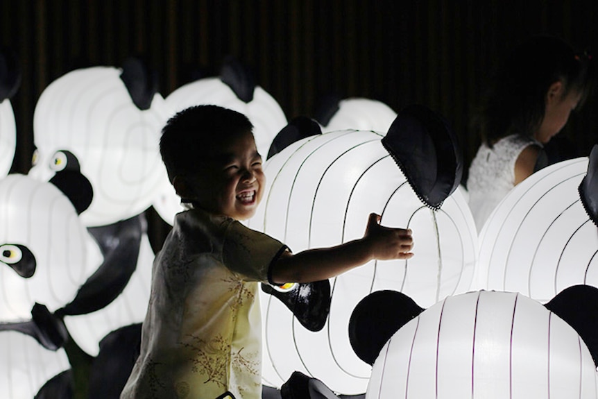 Children pose with chinese lanterns at Chinese New Year Lantern Festival, Sydney on February 12, 2016
