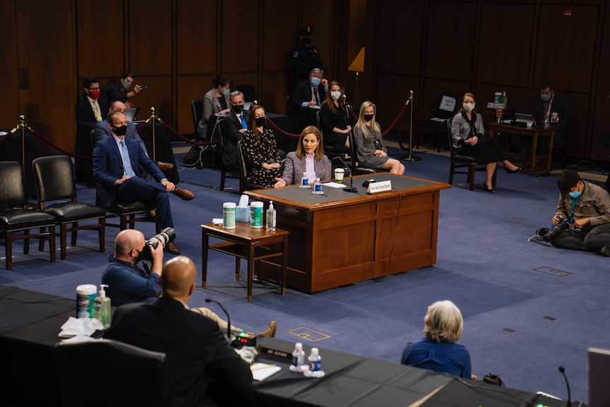 Supreme Court nominee Amy Coney Barrett speaks during a confirmation hearing before the Senate Judiciary Committee