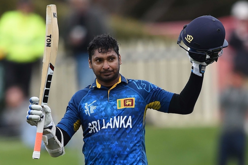 Kumar Sangakkara celebrates his fourth consecutive ODI ton