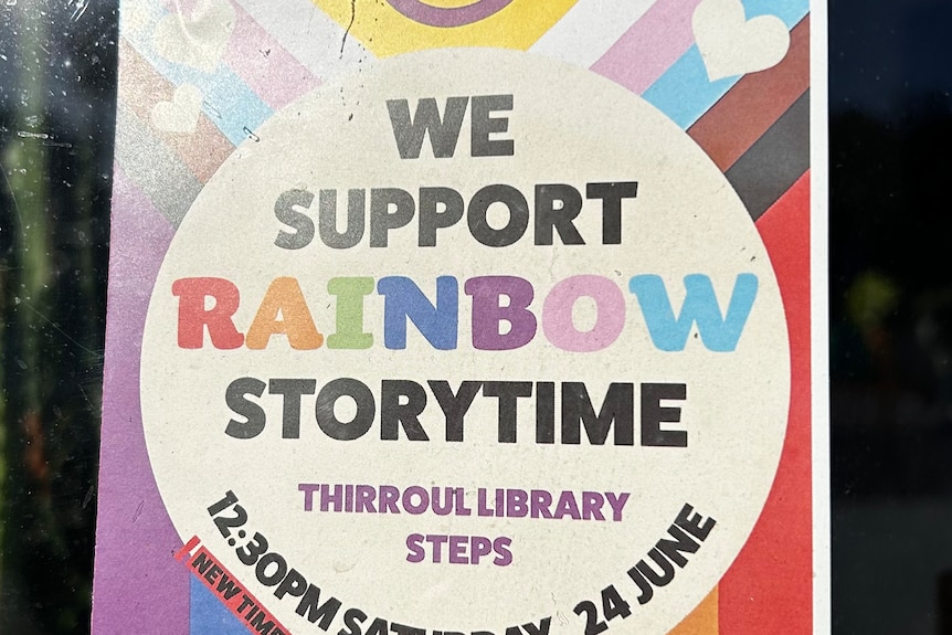 A sign promoting the Rainbow Storytime event at Thirroul
