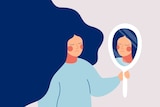 A cartoon woman looks at herself in the mirror