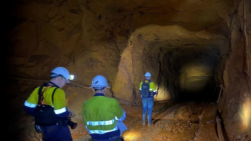 Three mine workers wearing high-vis workwear inspect an underground mine after it was dewatered due to flooding