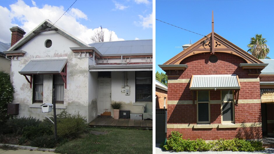 Bliss Brosnan's house before and after the facade was stripped and repointed.