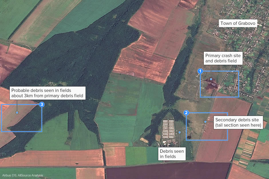 Satellite photo of MH17 primary and secondary crash sites in Ukraine