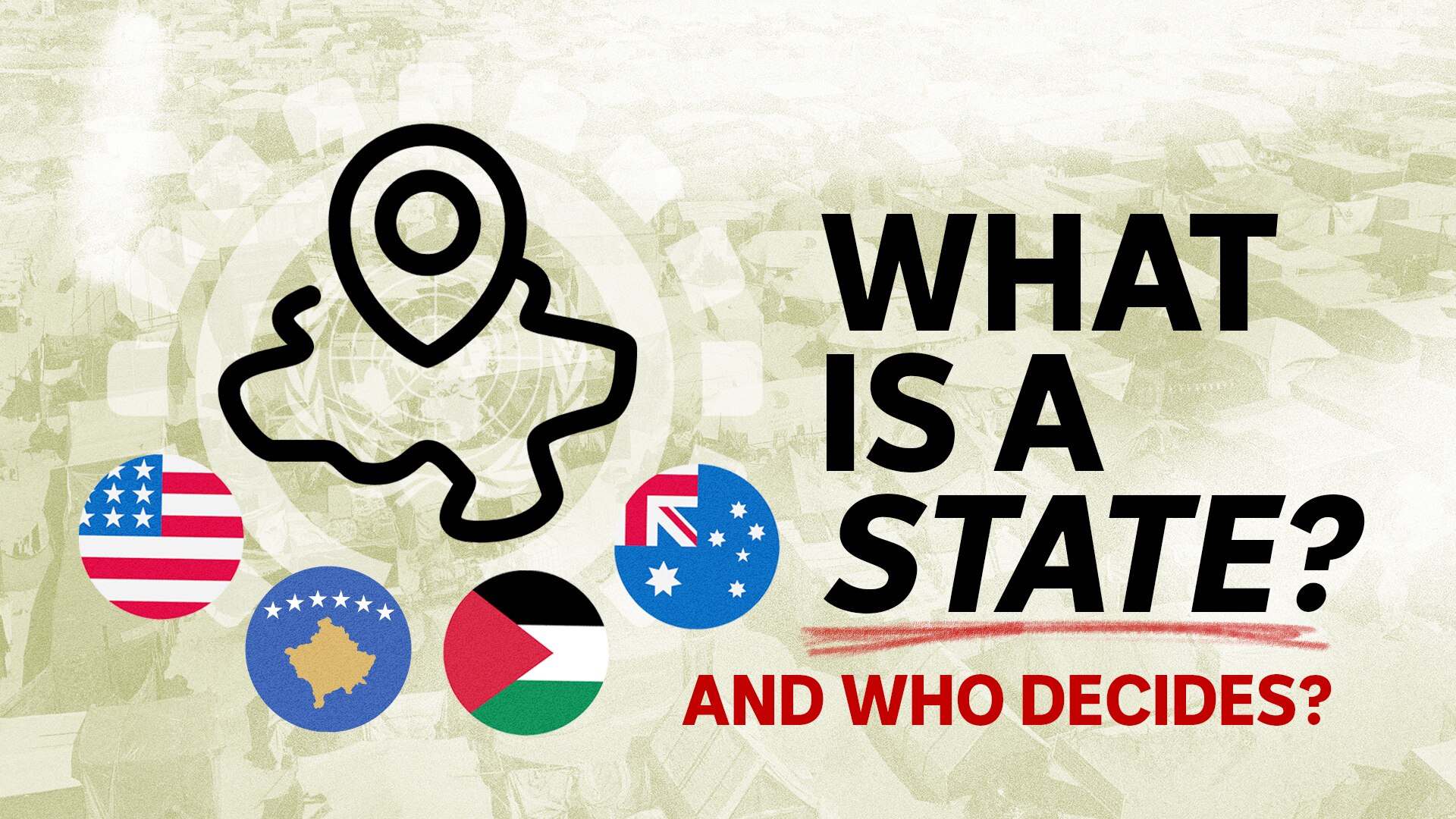 Illustration showing an icon representing land and then four flags around it: US, Australia, Kosovo and Palestine.