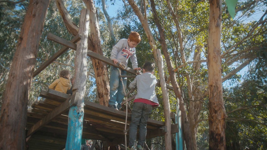 Kids climb in a treehouse