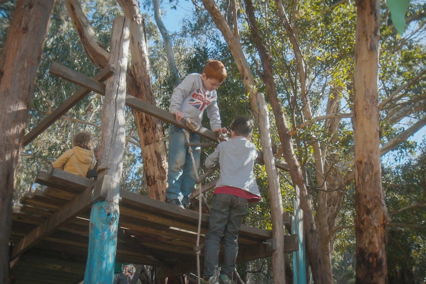 Kids climb in a treehouse