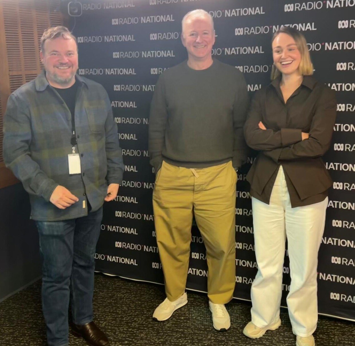 Managing Director of the ABC Hugh Marks standing with hosts Tim Burrowes and Zoe Samios for MediaLand 