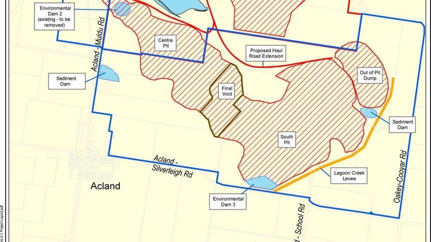 A map outlining the mining footprint of the New Acland Coal Mine stage 2 project in 2006.