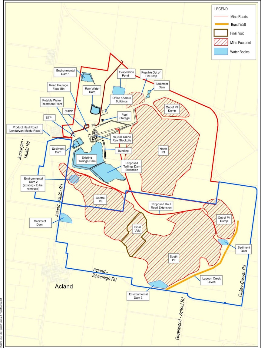 Eine Karte, die den Bergbau-Fußabdruck des Projekts Phase 2 der New Acland Coal Mine im Jahr 2006 umreißt.