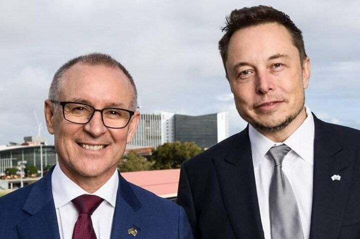 SA Premier Jay Weatherill alongside tech entrepreneur and Tesla boss Elon Musk.