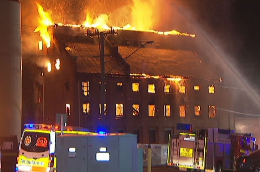 Fire at the historic four-storey Albion flour mill in Brisbane's inner north on November 27, 2013.