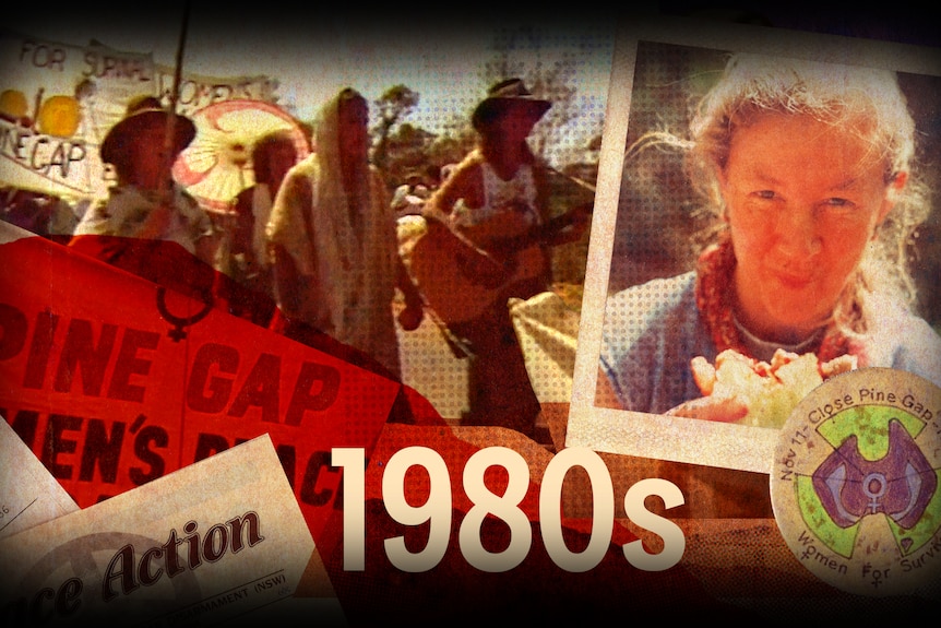 A composite image depicting certain scenes from the 1980s, including peace protesters and a woman's headshot.