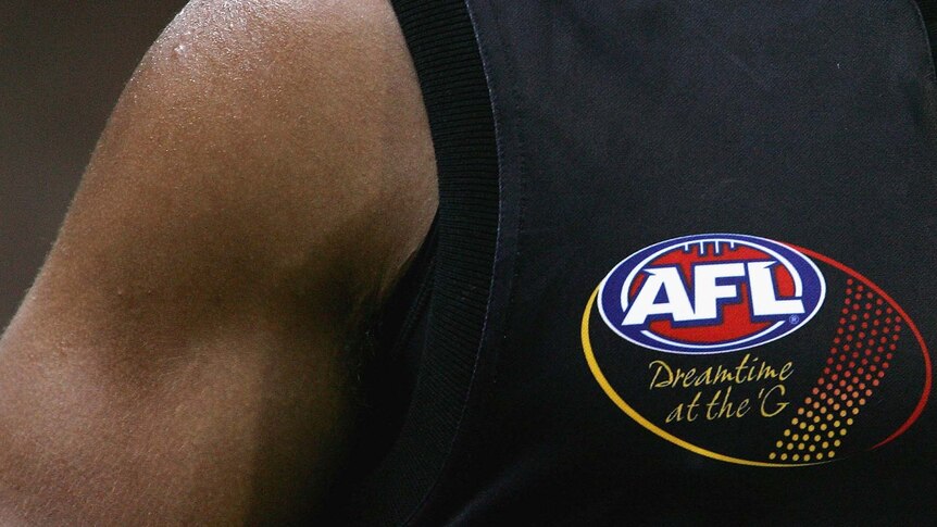 An Essendon player wears a 'Dreamtime at the G' logo on his jersey