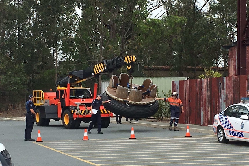 Rafts from the Thunder River Rapids ride being moved into the Dreamworld car park
