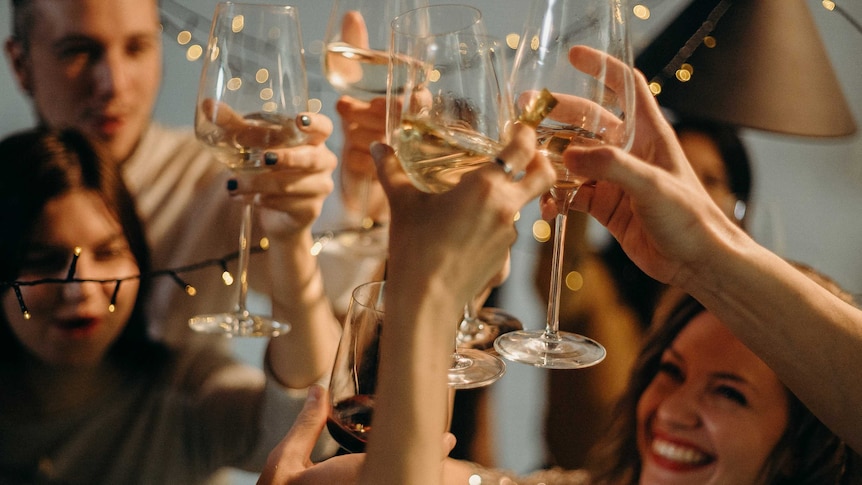 A group of people toast glasses of white wine.