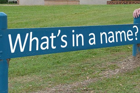 A blue sign with white writing saying what's in a name? with a hand on the corner