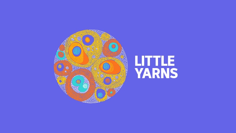 Round dot painting beside text 'Little Yarns'