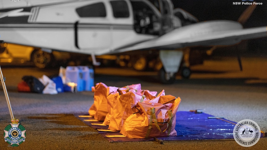 large yellow bags laid out on the tarmac in front of a light plane