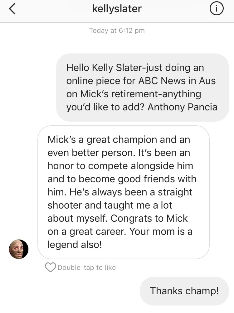 Kelly Slater's tribute to Mick Fanning