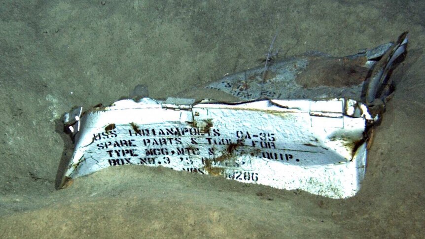 A fragment reads "USS INDIANAPOLIS SPARE PARTS"