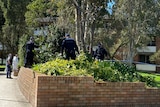 Multiple police officers walking in a garden.