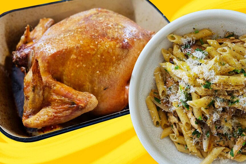 A roast chicken in a tray and a bowl of penne pasta topped with cheese and parsley, made with the leftover meat and fat.