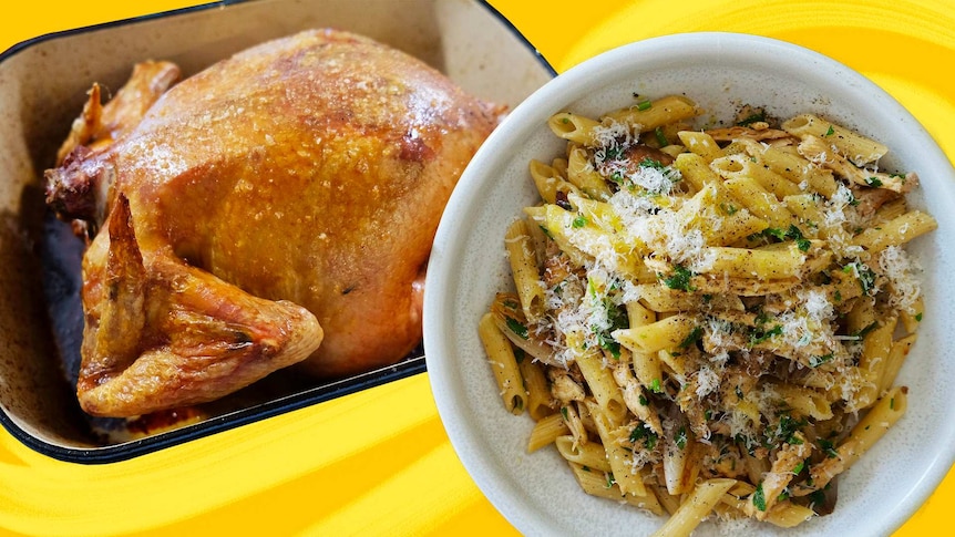 A roast chicken in a tray and a bowl of penne pasta topped with cheese and parsley, made with the leftover meat and fat.