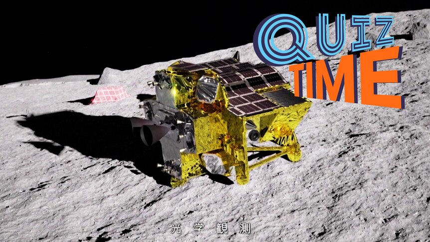 A golden robot with solar panels all over it on the moon's surface.