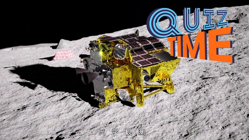 A golden robot with solar panels all over it on the moon's surface.