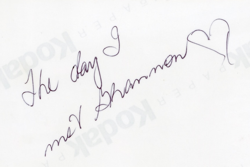 A note on the back of a photograph that reads "The day I met Shannon"