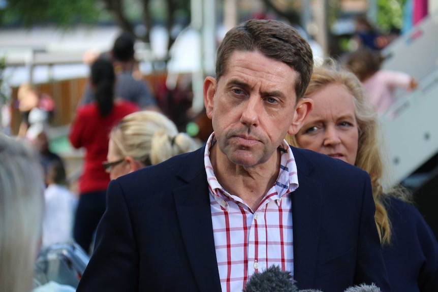 Cameron Dick talking to media during a press conference in South Bank.