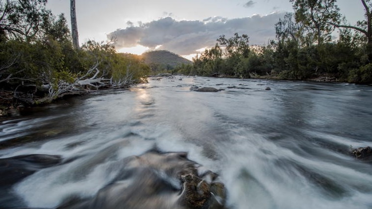 Water running over rocks away from the viewer the white rapids are caught in motion blur bush encroaches each bank lit by sunset