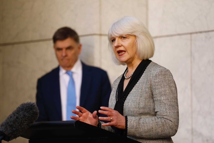 A woman with short white hair and a fringe in a black and white blazer speaking at a podium in front of a marble wall.