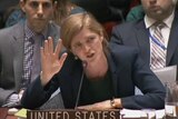 United States ambassador to the UN Samantha Power gestures while addressing the Security Council.