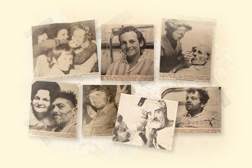 A composite image of newspaper clippings in 1973 depicting the survivors of the Blythe Star.