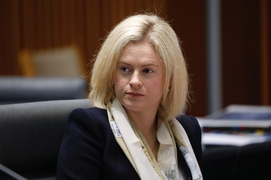 Amanda Stoker looks to her side while attending a parliamentary committee