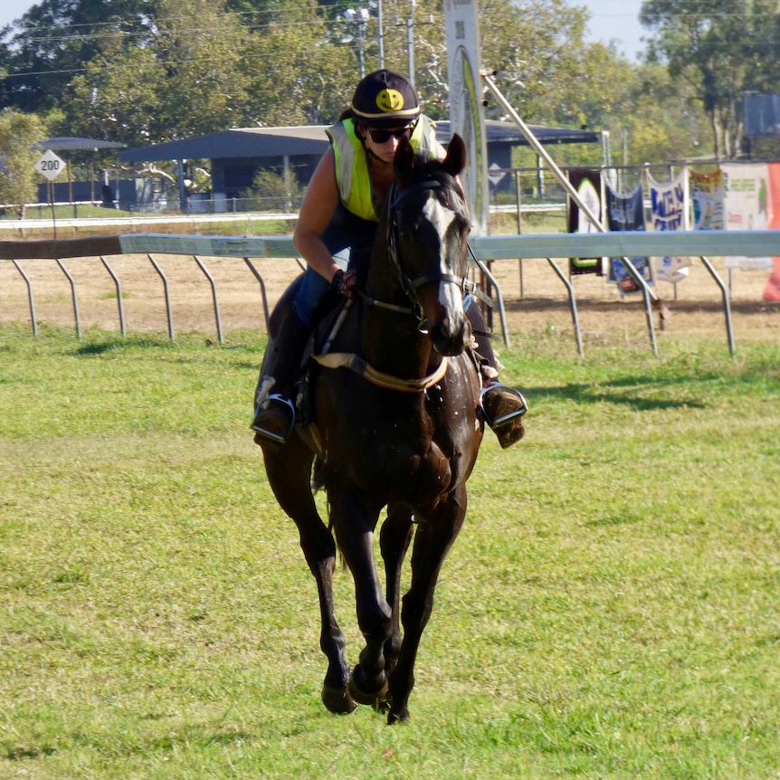 Racehorse and rider galloping towards camera