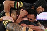 Penrith Panthers players celebrate a grand final try