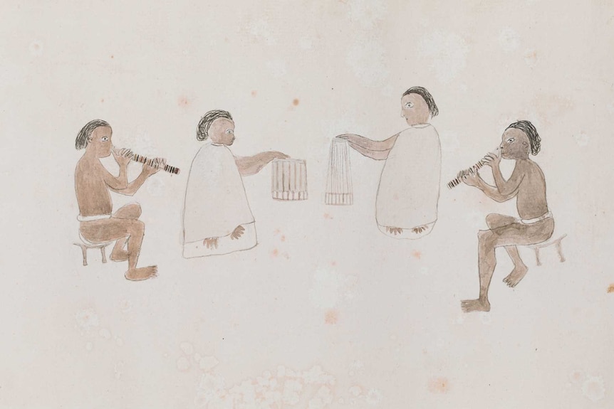 A watercolour illustration of four musicians, two playing the nose flute and two playing drums.