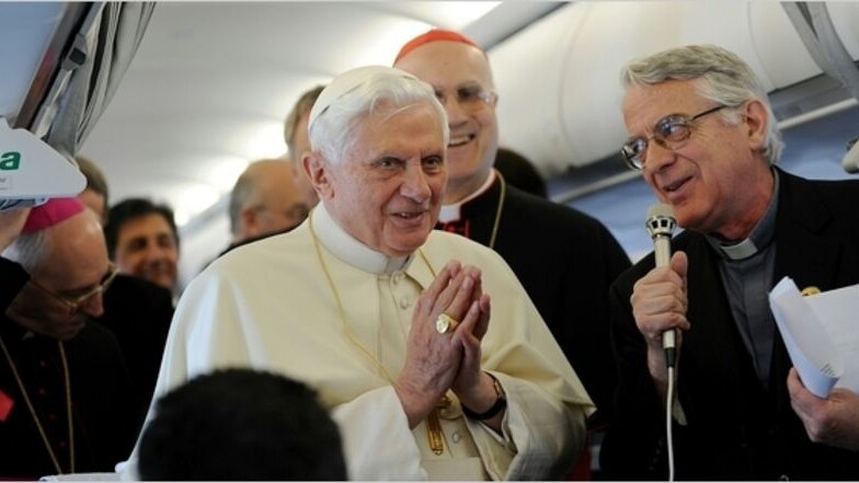 Pope Benedict XVI gives a press conference en route to Portugal on May 13, 2010.