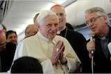 Pope Benedict XVI gives a press conference en route to Portugal on May 13, 2010.