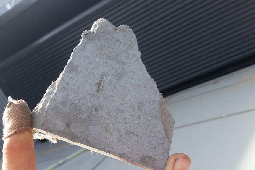 An asbestos flake found at the Perth Children's hospital site held between thumb and forefinger.