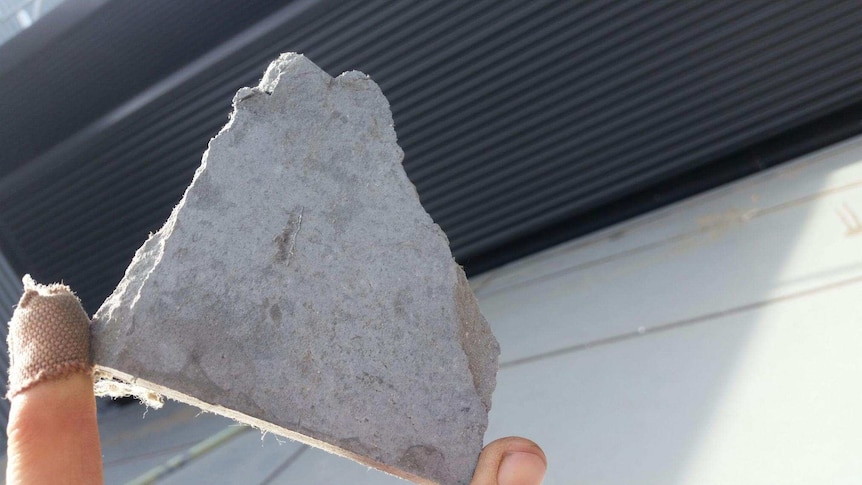 An asbestos flake found at the Perth Children's hospital site held between thumb and forefinger.