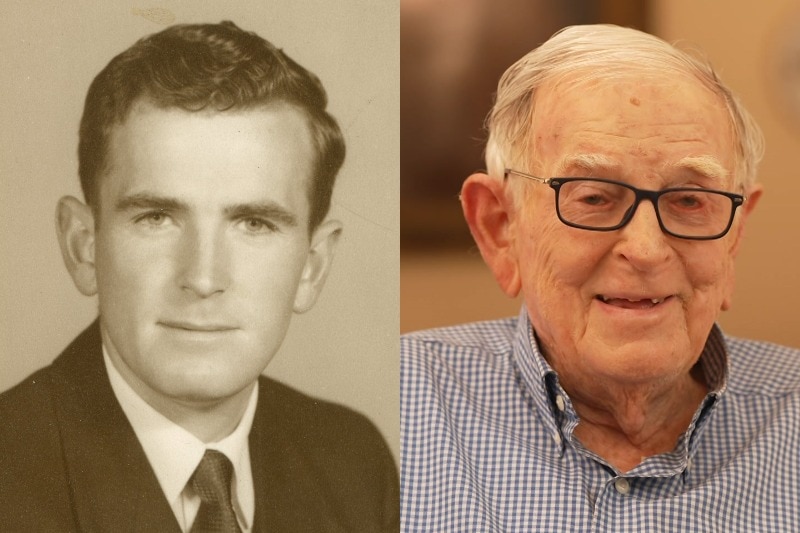Composite image of John Gorman in  1954 and in 2022.