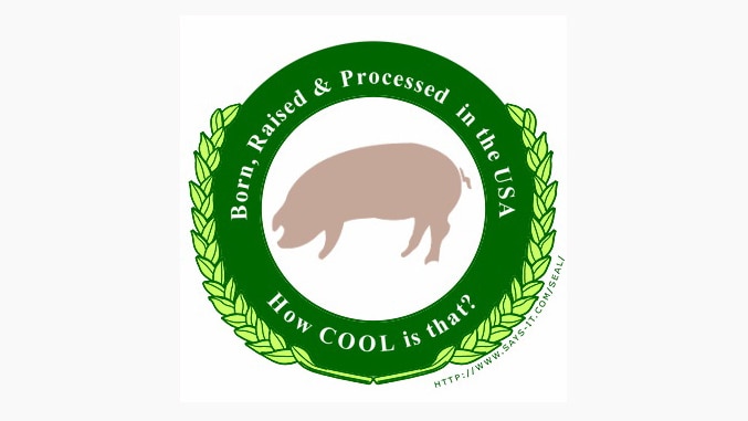 Sticker on American pork describing the pig as born, raised and processed in the USA