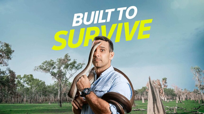 A man is in the bush with a snake wrapped around him and the text "Build To Survive"
