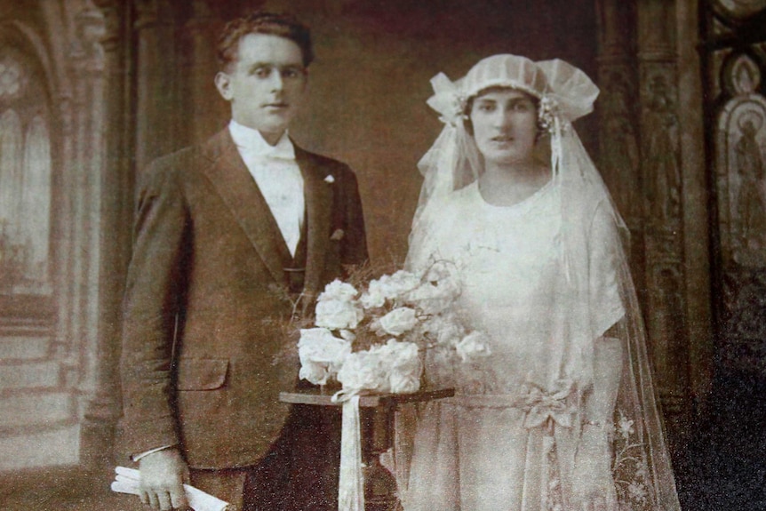 A couple posing for their wedding portrait in the 1920's, New South Wales.