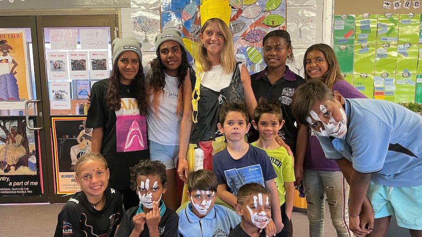 Wilcannia Central School students and music teacher Sarah Donnelley on the ARIA awards night.