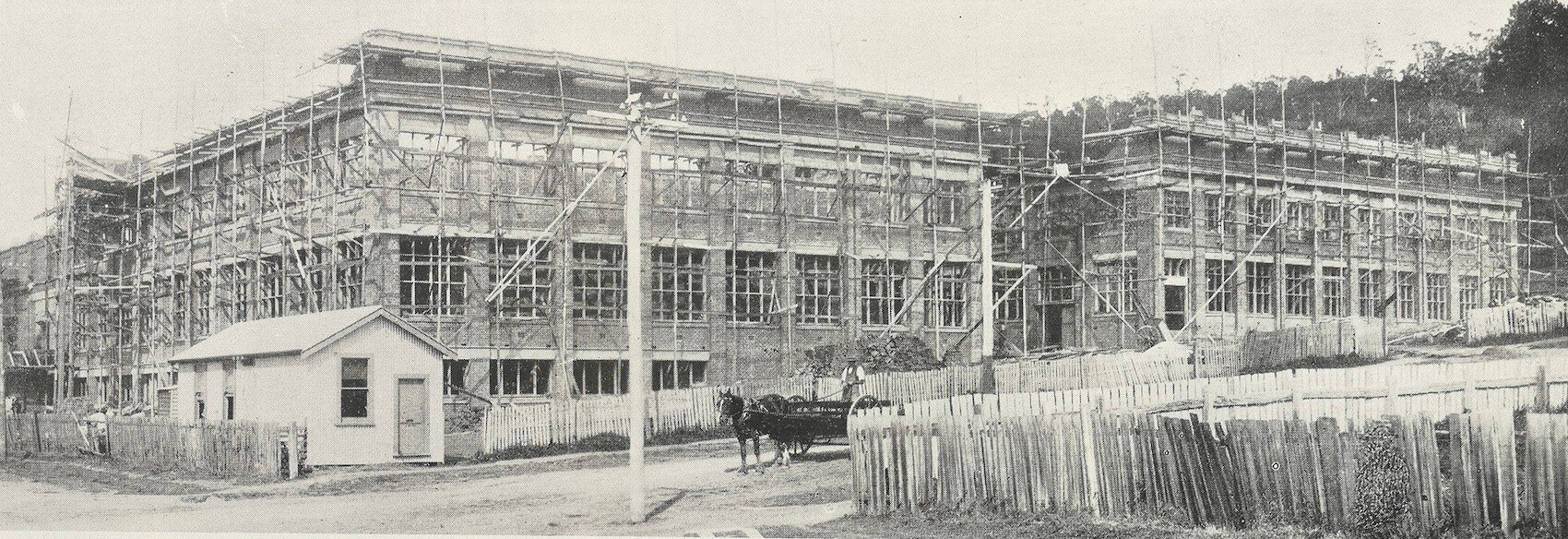 A horse and cart placed outside the Coats Patons factory in a historical black and white  image.